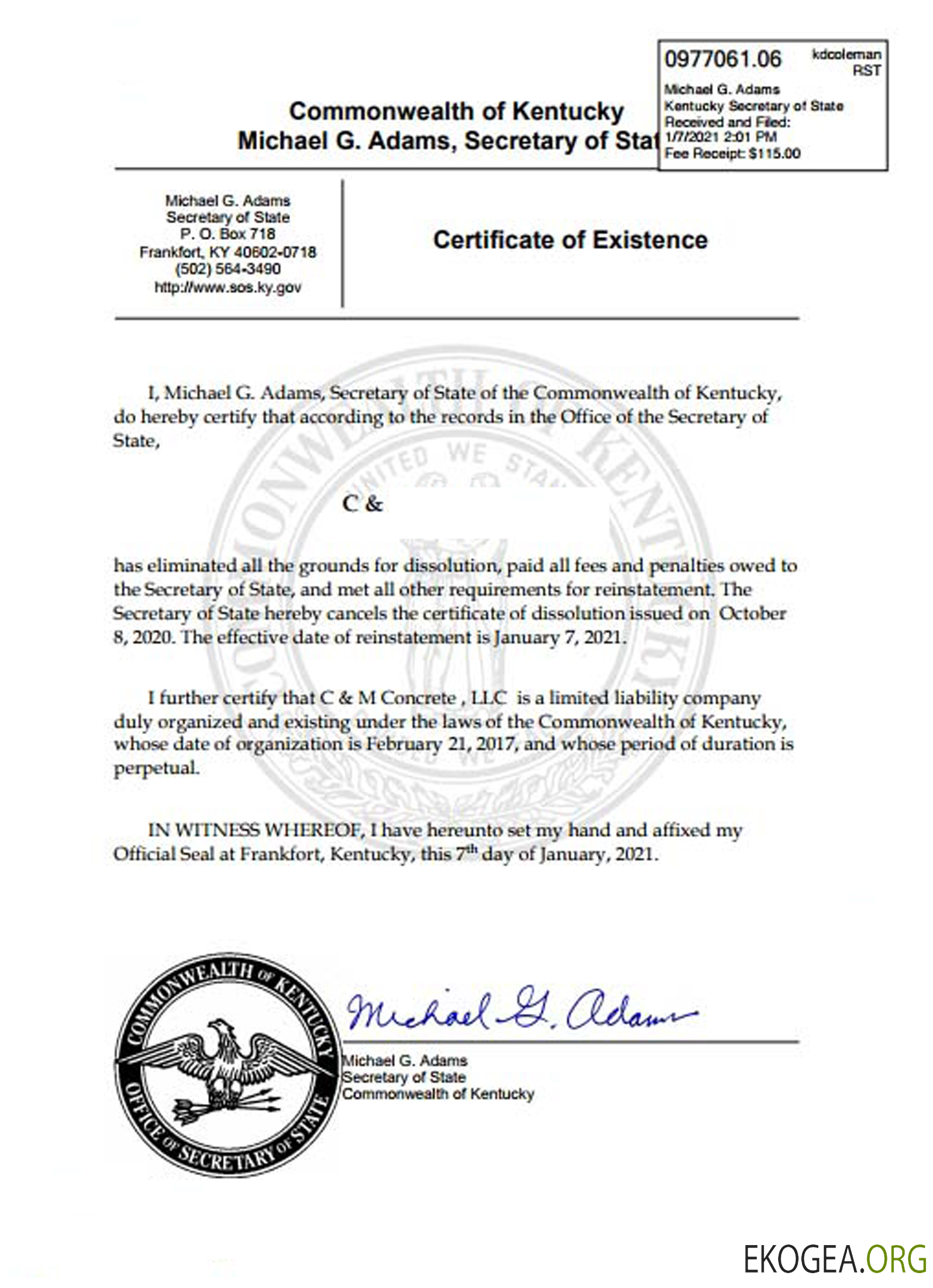 Certificat de bonne réputation du Kentucky aux États Unis